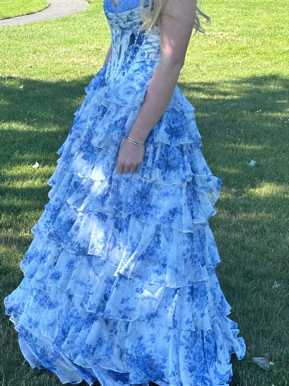 Sherri Hill 57250 Strapless Blue Toile Ruffle Prom Gown. - Picture 2 of 9